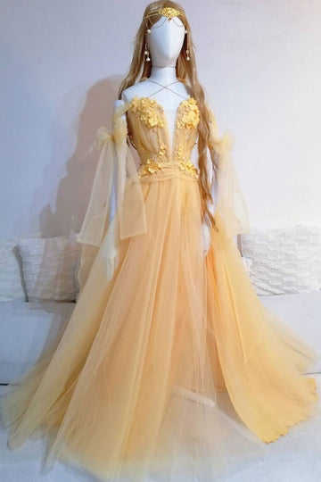 Yellow sweetheart tulle lace long prom dress yellow formal dress HZ1023